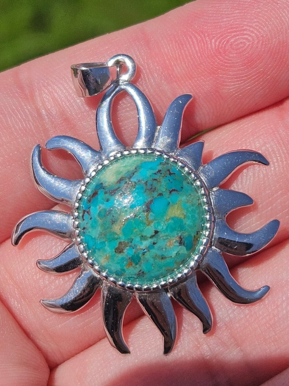 925 Sterling Silver ATI Turquoise Sun Star Pendant Charm 1.5x1.25 Inches